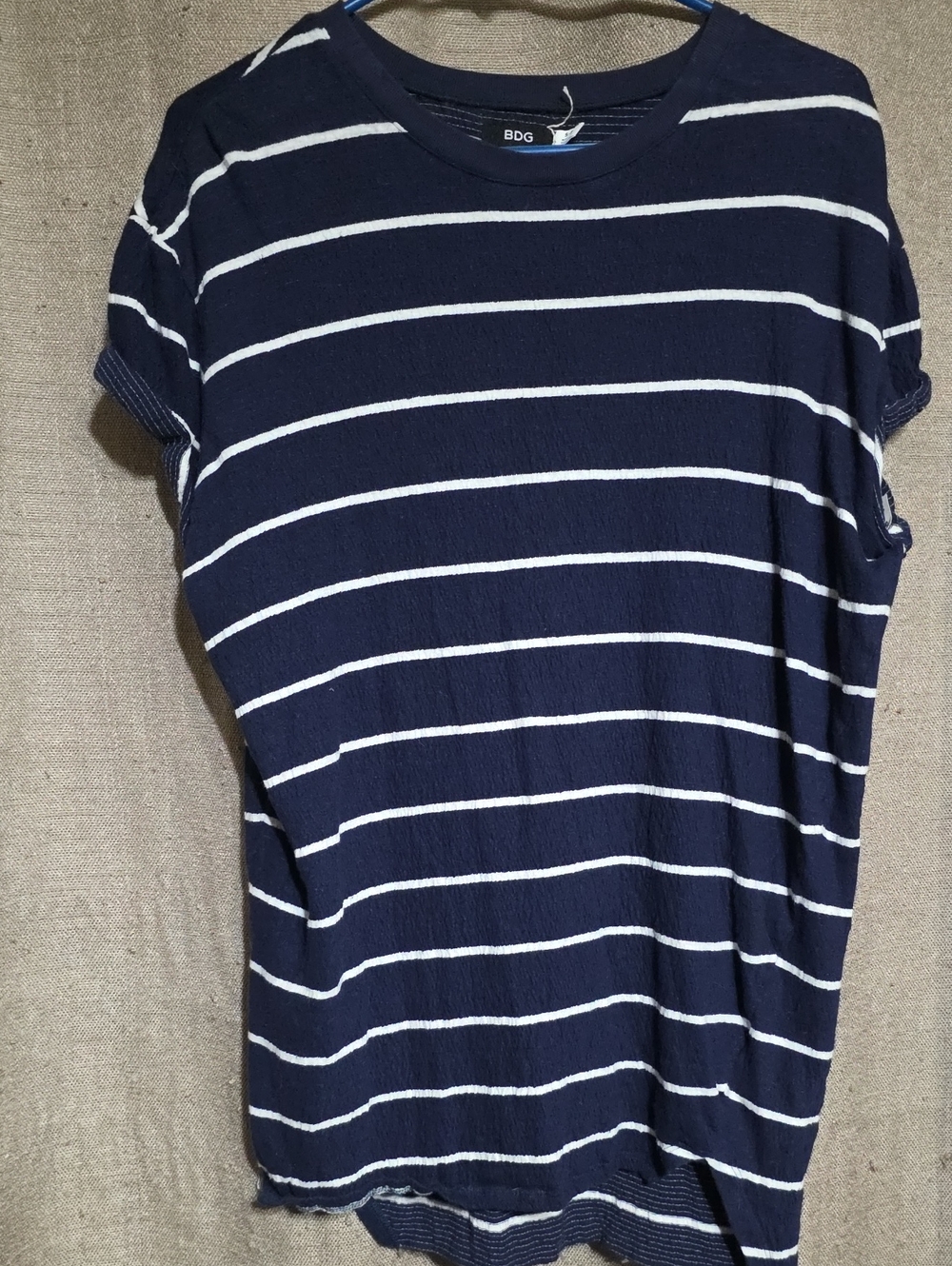 BDG Navy & White Horizontal Stripe Short Sleeve Linen Blend High Low Tunic Tee